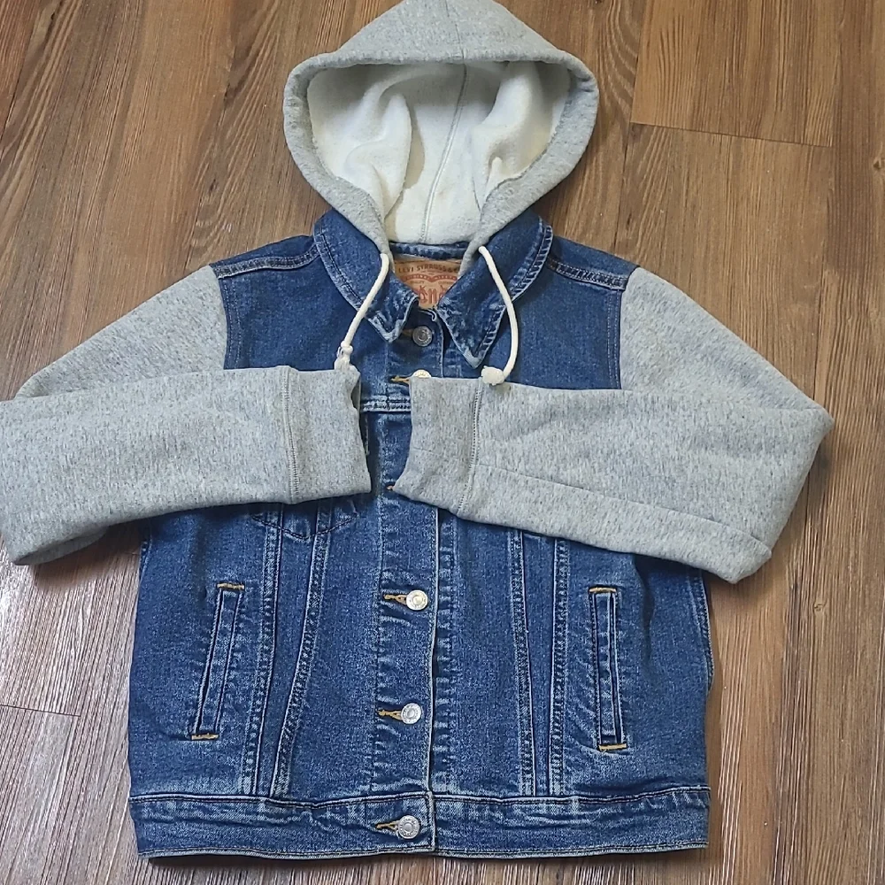 women Denim and Gray Hooded‎ Jacket